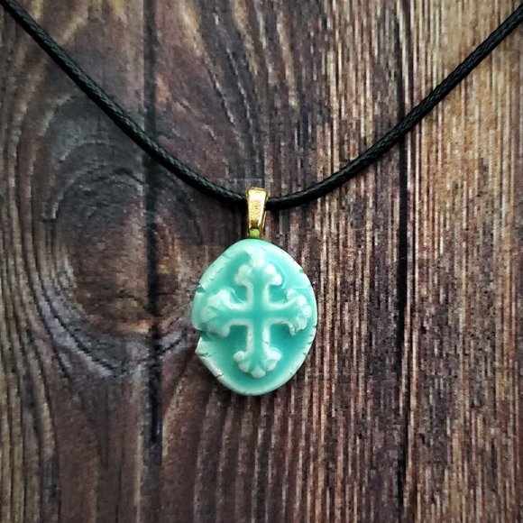 Handmade Ceramic Aqua Green Fleur De Lis Cross Pendant Necklace - Picture 12 of 14